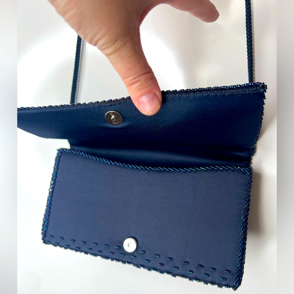 Vintage 1960s Genie Cross Body Beaded Purse Black/Navy Blue/Silver Evening Bag - Picture 15 of 16